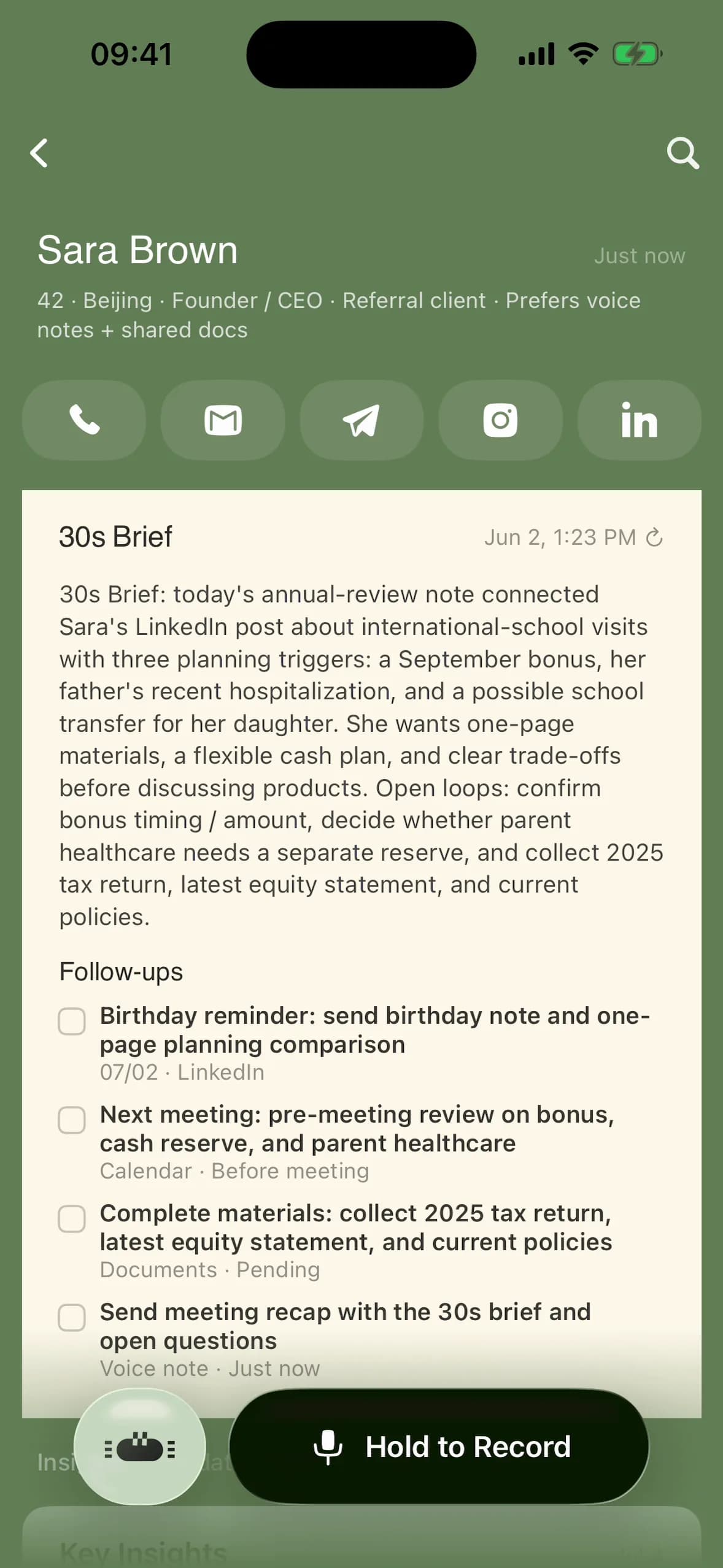 AlterContacts brand product Alter Contacts showing a living client profile on iPhone