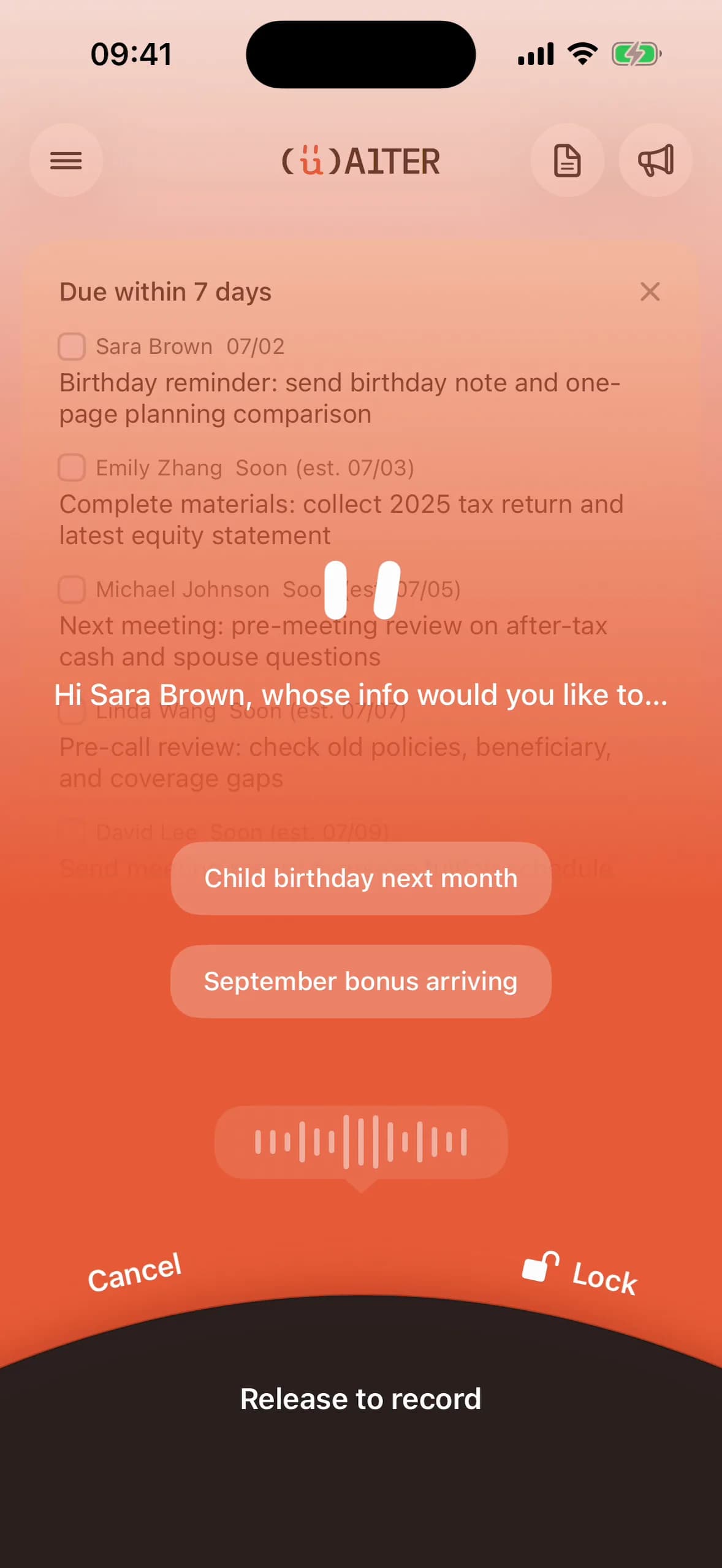Alter Contacts voice note capture interface after a client conversation