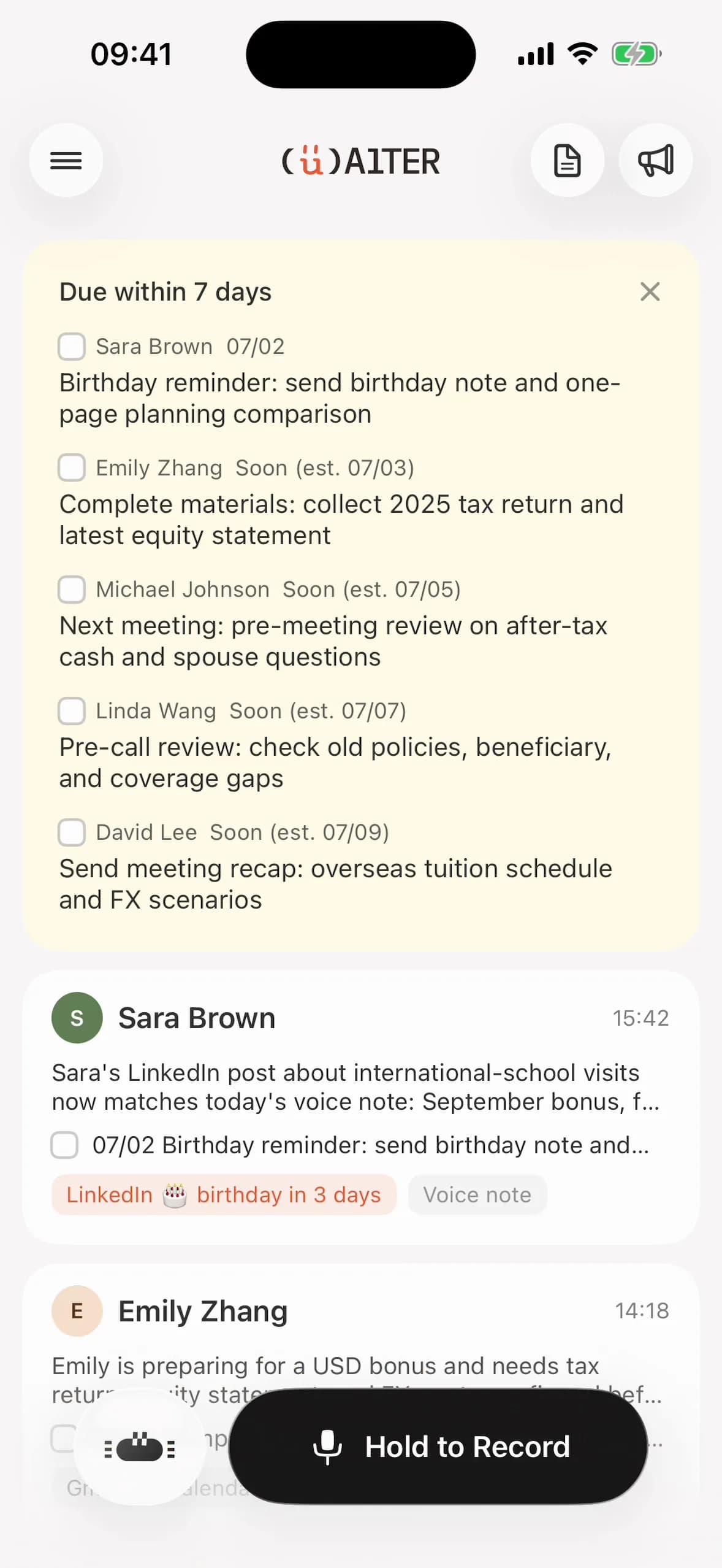 Alter Contacts daily attention queue showing client follow-ups and relationship opportunities