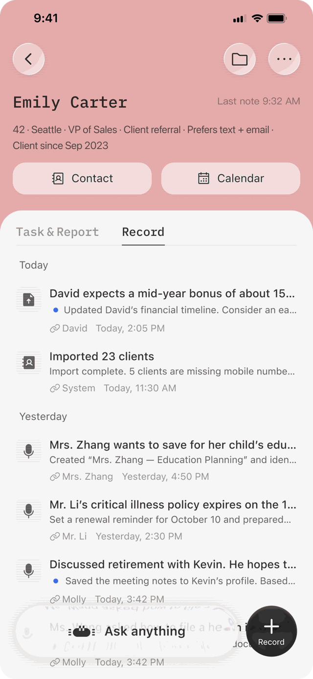 Client record: Mono for the name and the tabs, SF for everything read