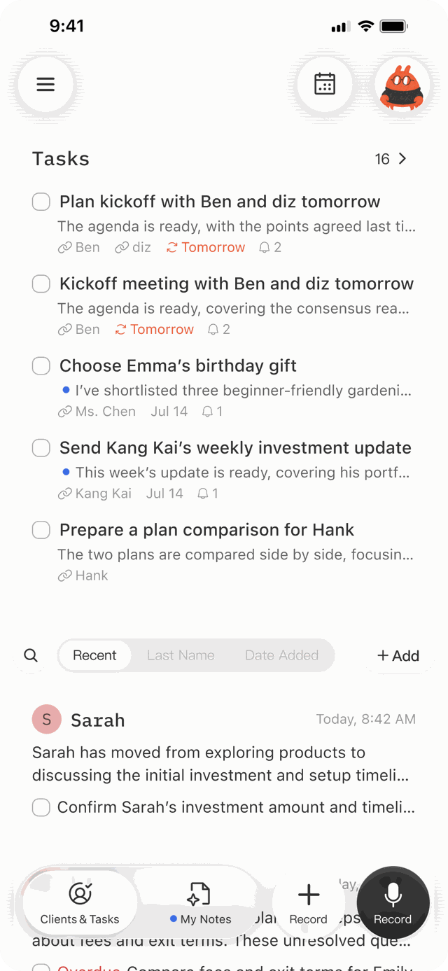 Tasks: Mono for the client name, SF for the tasks