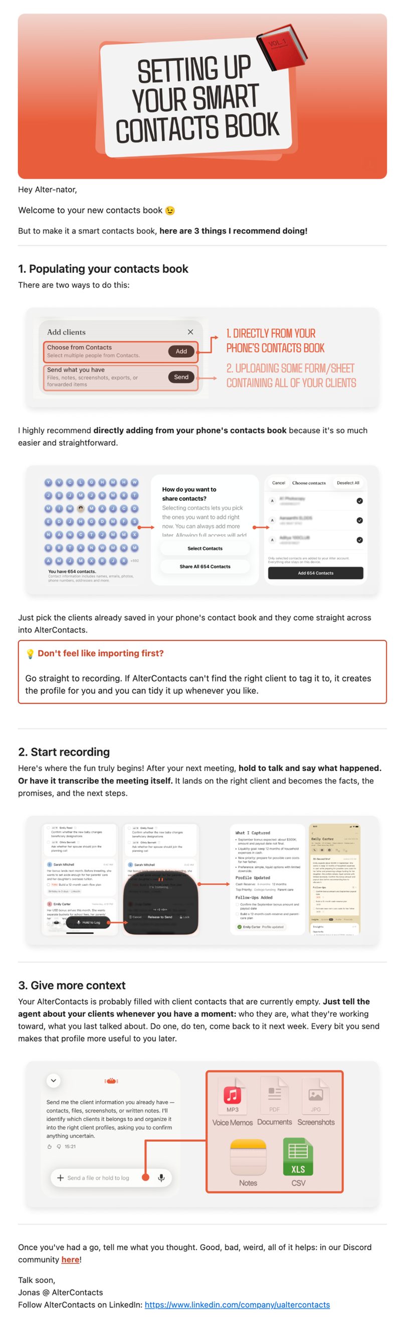 Onboarding email: setting up your smart contacts book