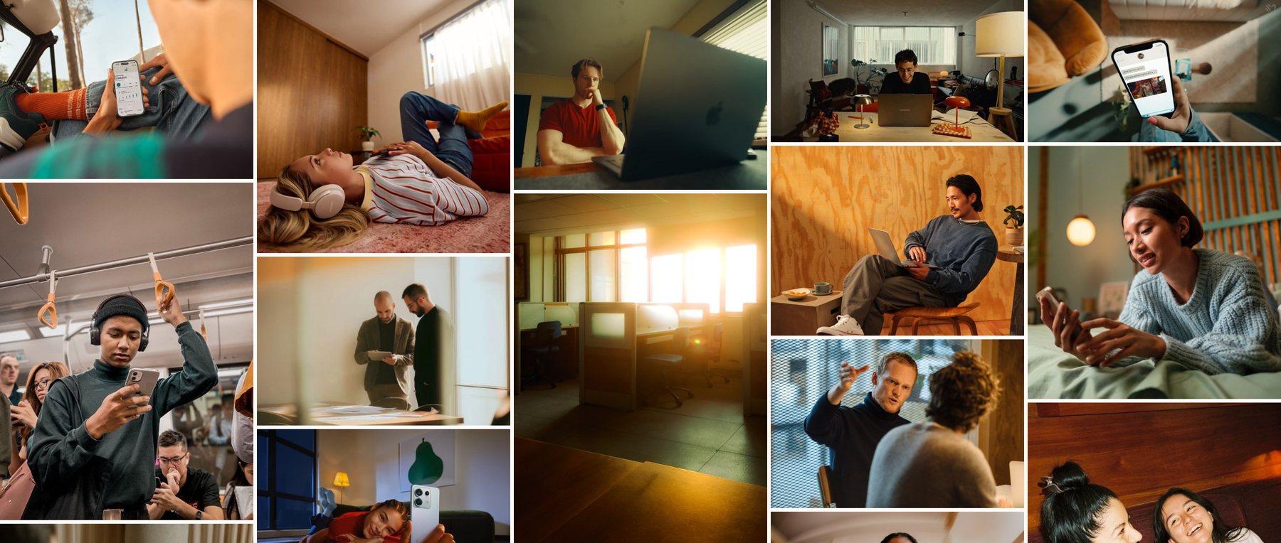Photography mood board: warm rooms, golden light, phones and laptops in hands
